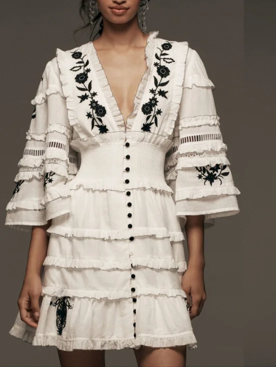 Anthropologie Mini Dress Embroidered Ruffled Vacay Preppy Boho - Picture 2 of 9